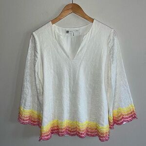 Trina Turk White and Yellow Bell Sleeve Blouse